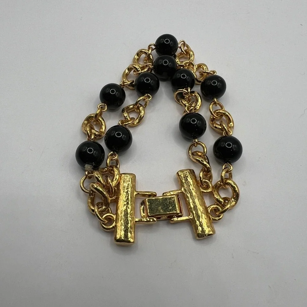 Gold Tone Chain Bracelet‎ Black Beaded Stations 7.5 inch